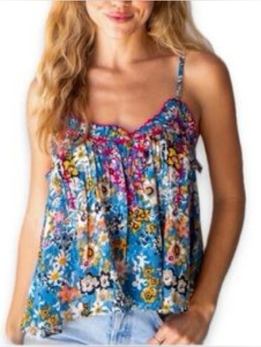 NATURAL LIFE Blue Floral Tank Top Scallop Embroidered Trim Size Medium